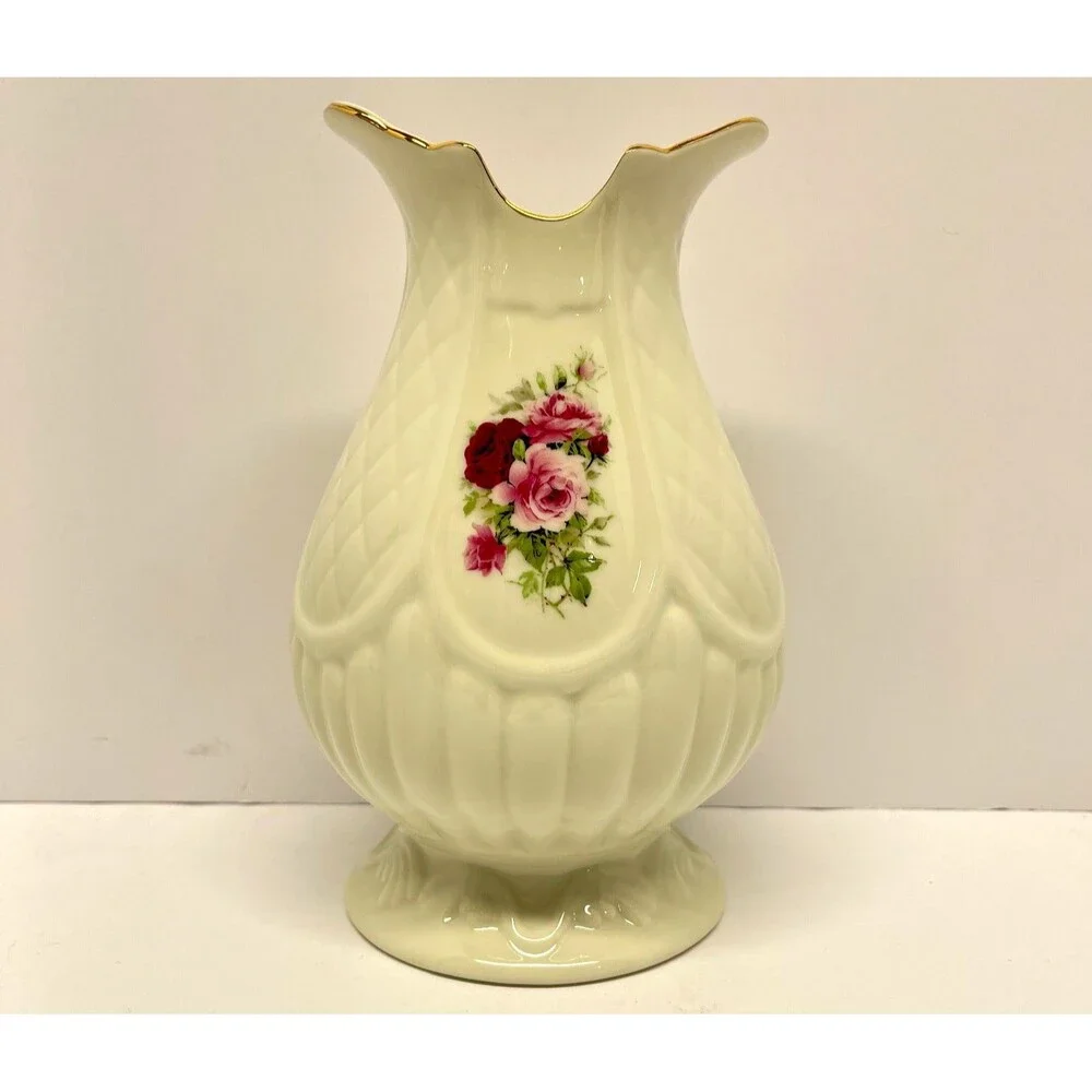 Vintage Formalities Baum Bros Victorian Rose Porcelain Vase Gold Trim 7.5